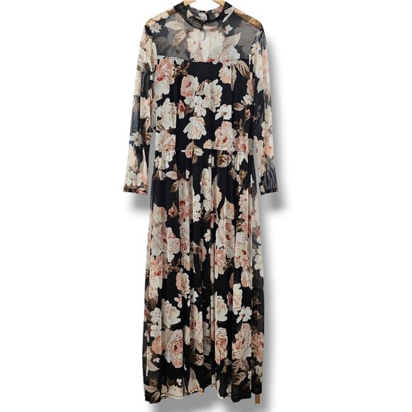 En Focus Maxi Dress 18W Black Pink Floral Sheer Mesh Boho Whimsigoth Fairygrunge - Picture 1 of 9